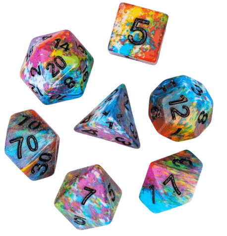 Multi-Colour Mix Pattern Dice 7-Dice Set w/Black Dnd Dice Resin - 