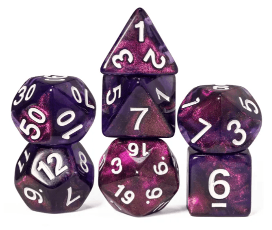 Purple Translucent Glitter Dice 7-Dice Set w/White Dnd Dice Resin - 
