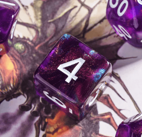 Purple Translucent Glitter Dice 7-Dice Set w/White Dnd Dice Resin - 