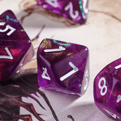 Purple Translucent Glitter Dice 7-Dice Set w/White Dnd Dice Resin - 
