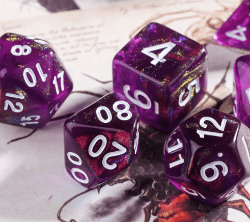 Purple Translucent Glitter Dice 7-Dice Set w/White Dnd Dice Resin - 