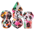 White Multi-Colour Mix Pattern Dice 7-Dice Set w/Black Dnd Dice Resin - 