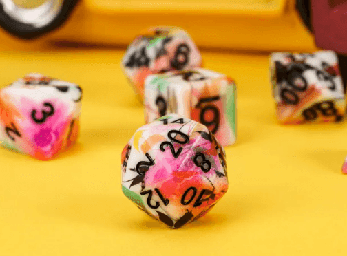 White Multi-Colour Mix Pattern Dice 7-Dice Set w/Black Dnd Dice Resin - 