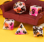 White Multi-Colour Mix Pattern Dice 7-Dice Set w/Black Dnd Dice Resin - 