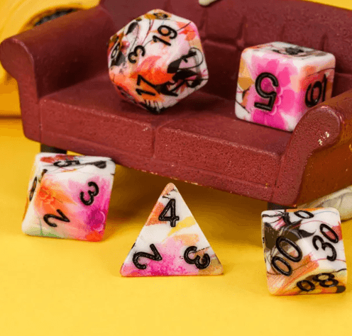 White Multi-Colour Mix Pattern Dice 7-Dice Set w/Black Dnd Dice Resin - 
