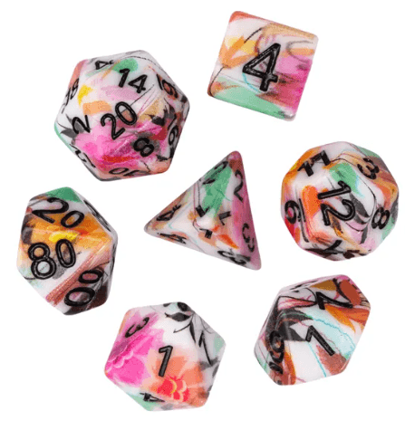 White Multi-Colour Mix Pattern Dice 7-Dice Set w/Black Dnd Dice Resin - 