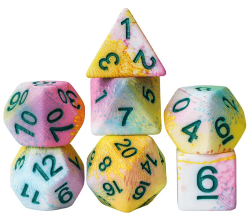 Pastel Multi-Colour Mix Pattern Dice 7-Dice Set w/Green Dnd Dice Resin - 