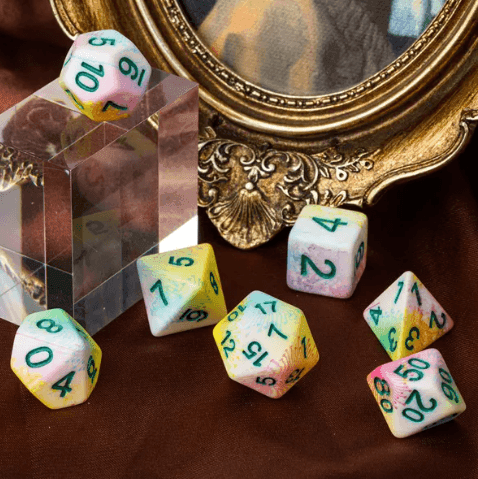 Pastel Multi-Colour Mix Pattern Dice 7-Dice Set w/Green Dnd Dice Resin - 