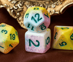 Pastel Multi-Colour Mix Pattern Dice 7-Dice Set w/Green Dnd Dice Resin - 