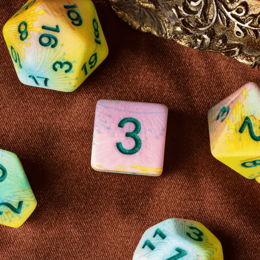 Pastel Multi-Colour Mix Pattern Dice 7-Dice Set w/Green Dnd Dice Resin - 