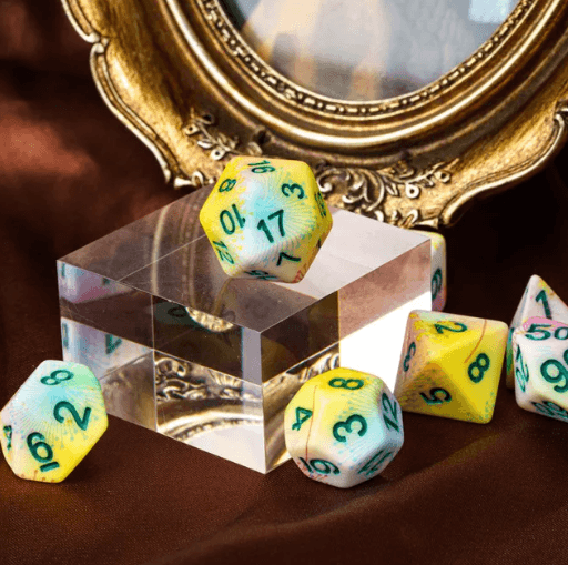Pastel Multi-Colour Mix Pattern Dice 7-Dice Set w/Green Dnd Dice Resin - 