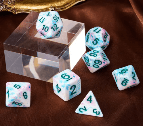 Blue-Pink Multi-Colour Mix Pattern Dice 7-Dice Set w/Teal Dnd Dice Resin - 