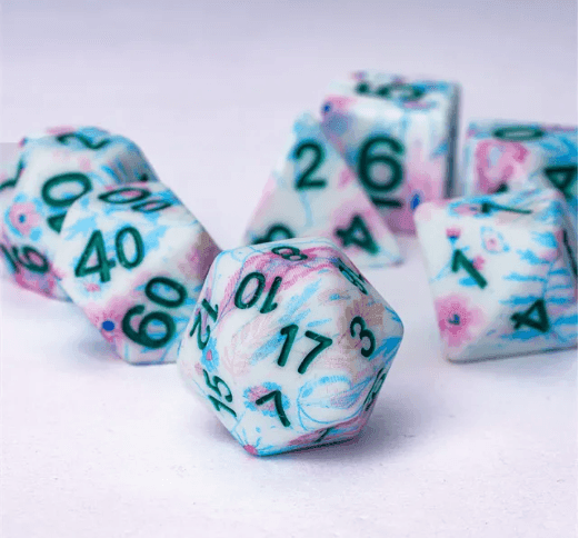 Blue-Pink Multi-Colour Mix Pattern Dice 7-Dice Set w/Teal Dnd Dice Resin - 