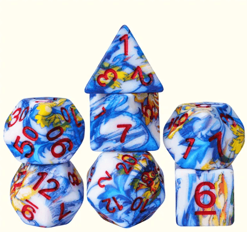 Fancy Multi-Colour Mix Pattern Dice 7-Dice Set w/Red Dnd Dice Resin - 