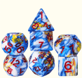 Fancy Multi-Colour Mix Pattern Dice 7-Dice Set w/Red Dnd Dice Resin - 