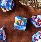 Fancy Multi-Colour Mix Pattern Dice 7-Dice Set w/Red Dnd Dice Resin - 
