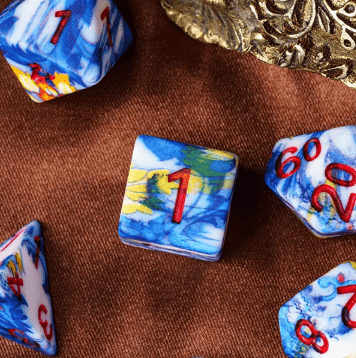 Fancy Multi-Colour Mix Pattern Dice 7-Dice Set w/Red Dnd Dice Resin - 