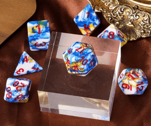 Fancy Multi-Colour Mix Pattern Dice 7-Dice Set w/Red Dnd Dice Resin - 