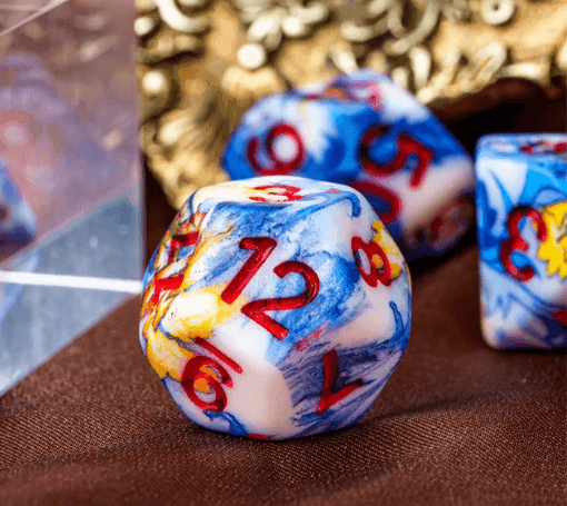 Fancy Multi-Colour Mix Pattern Dice 7-Dice Set w/Red Dnd Dice Resin - 