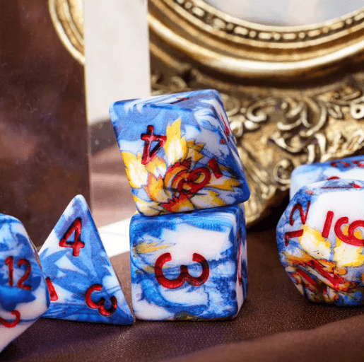 Fancy Multi-Colour Mix Pattern Dice 7-Dice Set w/Red Dnd Dice Resin - 