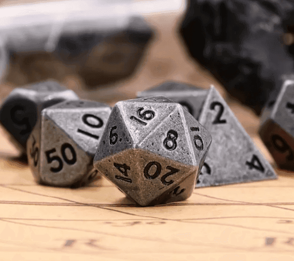 Basic Silver Mini Metal Dice Ancient Effect | (10mm to 15mm) 7-Dice Udixi RPG - 