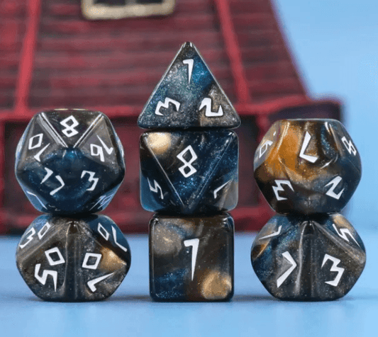 Night Walker Dice 7-Dice Set | Blue and Bronze Glitter Primitive Font - 