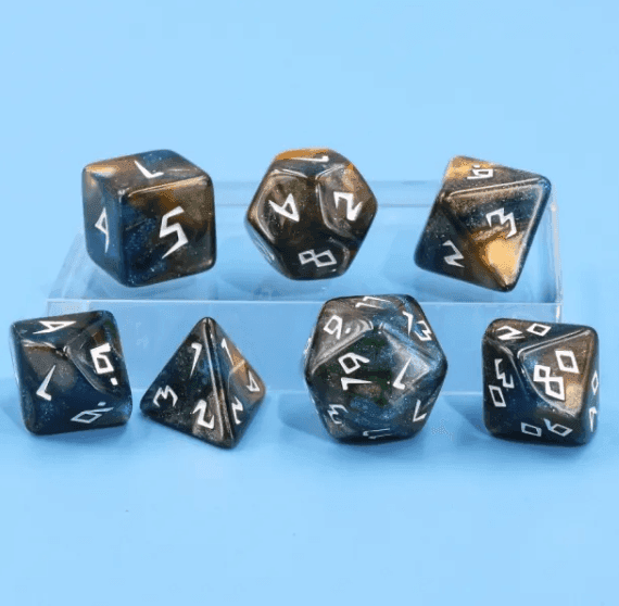 Night Walker Dice 7-Dice Set | Blue and Bronze Glitter Primitive Font - 