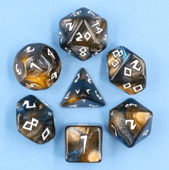 Night Walker Dice 7-Dice Set | Blue and Bronze Glitter Primitive Font - 