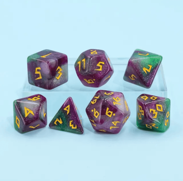 Violet Garden Dice 7-Dice Set | Purple and Green Glitter Primitive Font - 