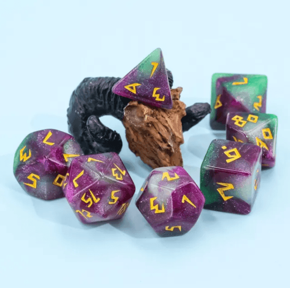 Violet Garden Dice 7-Dice Set | Purple and Green Glitter Primitive Font - 