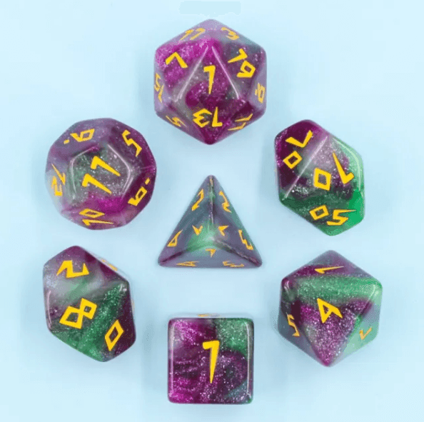 Violet Garden Dice 7-Dice Set | Purple and Green Glitter Primitive Font - 