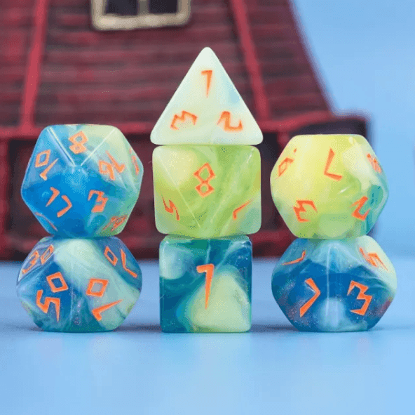 Tranquil Summer Dice 7-Dice Set | Blue and Yellow Glitter Primitive Font - 