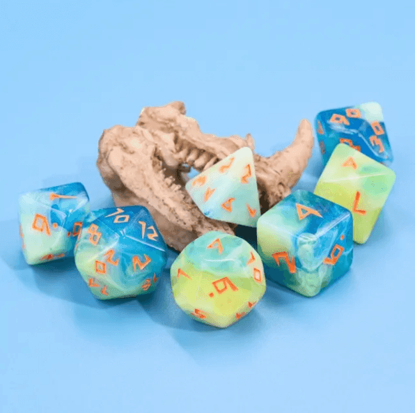 Tranquil Summer Dice 7-Dice Set | Blue and Yellow Glitter Primitive Font - 