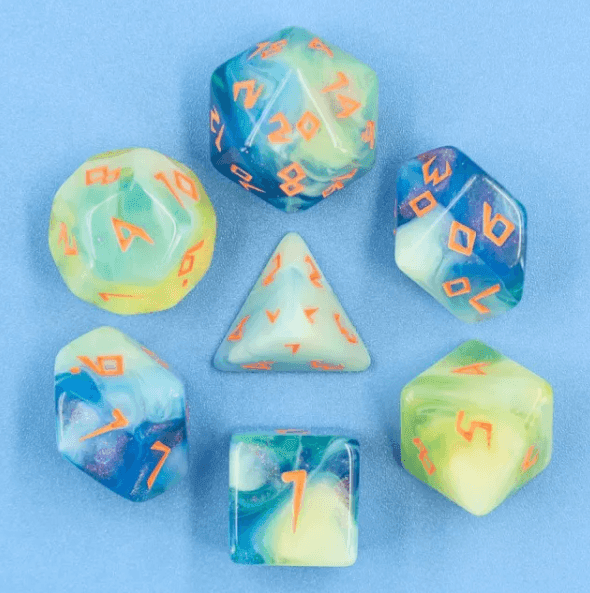 Tranquil Summer Dice 7-Dice Set | Blue and Yellow Glitter Primitive Font - 