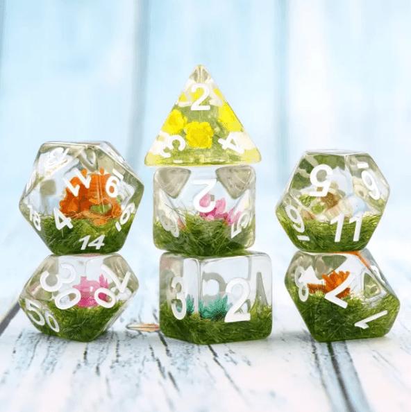 Flower on Grass Dice 7-Dice Set | White Numbers Dnd Resin Set - 