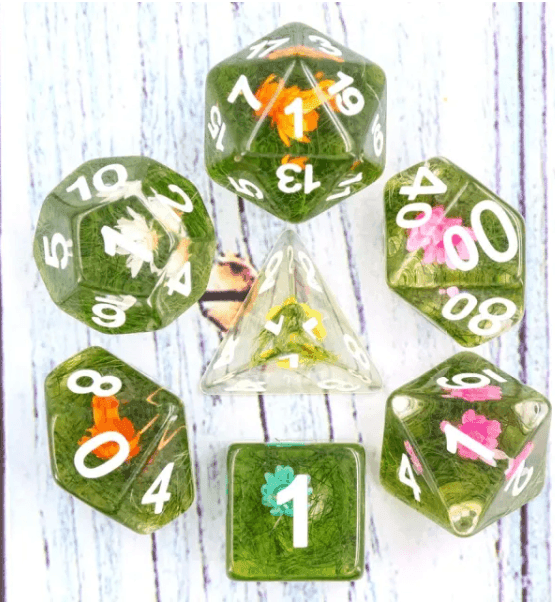 Flower on Grass Dice 7-Dice Set | White Numbers Dnd Resin Set - 