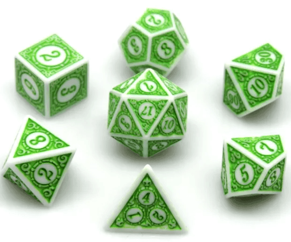 White & Green Magic Flame 7-Dice Set DND RPG Dice Green Color Fill - 