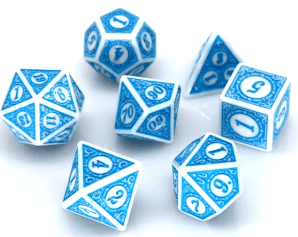White & Blue Magic Flame 7-Dice Set DND RPG Dice Blue Color Fill - 