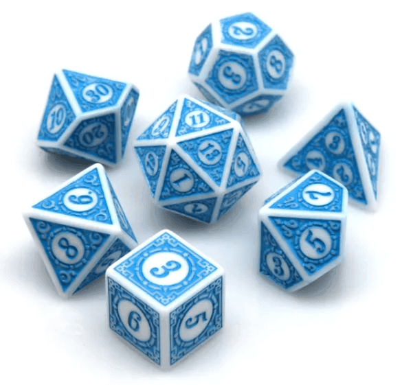 White & Blue Magic Flame 7-Dice Set DND RPG Dice Blue Color Fill - 
