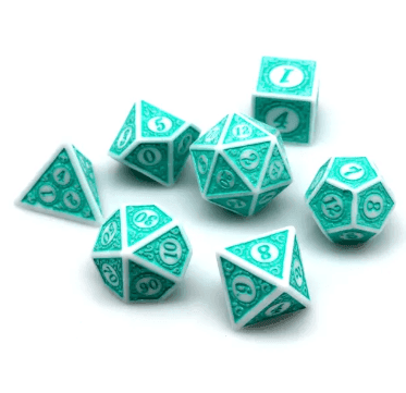 White & Teal Magic Flame 7-Dice Set DND RPG Dice Teal Color Fill - 