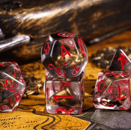 Bullet Swirl Dice Set - 7-Piece Clear & Gold Gunslinger Set with Red Numbers for DnD 5E - 
