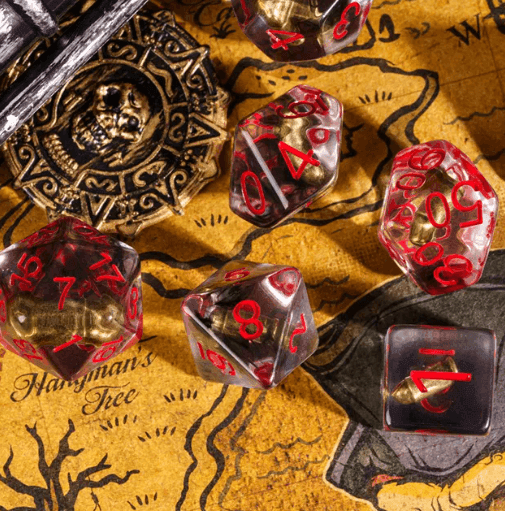 Bullet Swirl Dice Set - 7-Piece Clear & Gold Gunslinger Set with Red Numbers for DnD 5E - 