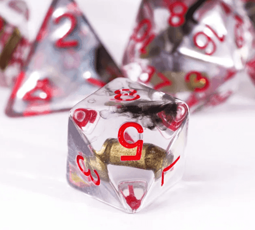 Bullet Swirl Dice Set - 7-Piece Clear & Gold Gunslinger Set with Red Numbers for DnD 5E - 
