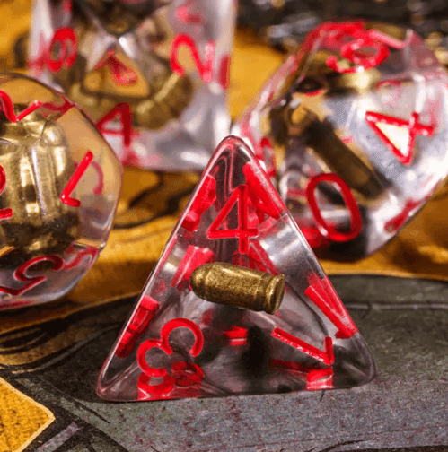 Bullet Swirl Dice Set - 7-Piece Clear & Gold Gunslinger Set with Red Numbers for DnD 5E - 