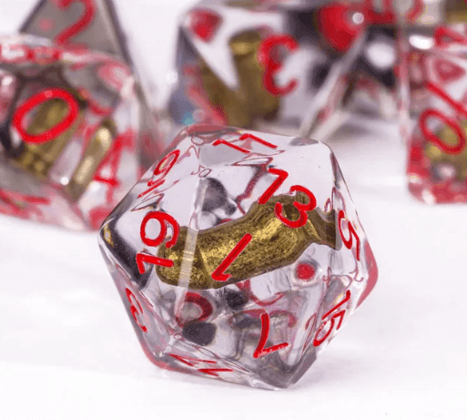 Bullet Swirl Dice Set - 7-Piece Clear & Gold Gunslinger Set with Red Numbers for DnD 5E - 