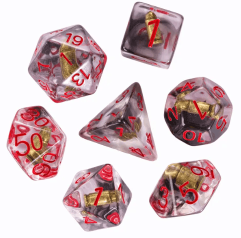 Bullet Swirl Dice Set - 7-Piece Clear & Gold Gunslinger Set with Red Numbers for DnD 5E - 