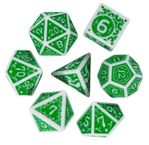 White with Green Irregular Pattern Fill: 7-Piece Acrylic Dice Set for D&D and RPG - 