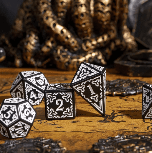 Celtic Knot Dice 7-Dice Set DND RPG Dice Druidic | White, Red, Orange, Yellow. Green, Blue - White