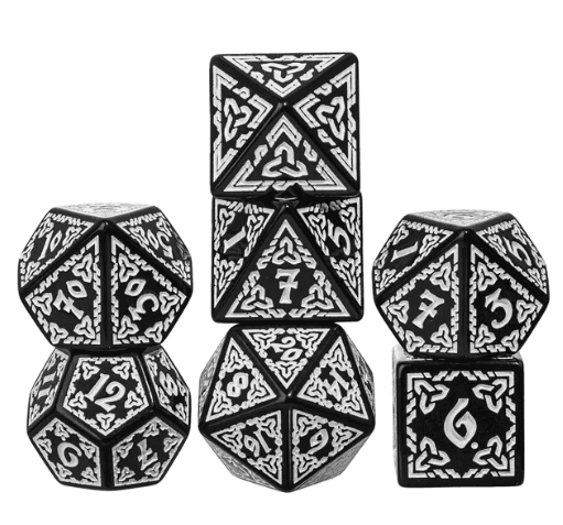 Celtic Knot Dice 7-Dice Set DND RPG Dice Druidic | White, Red, Orange, Yellow. Green, Blue - White