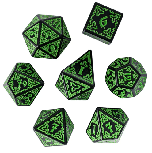 Celtic Knot Dice 7-Dice Set DND RPG Dice Druidic | White, Red, Orange, Yellow. Green, Blue - Green